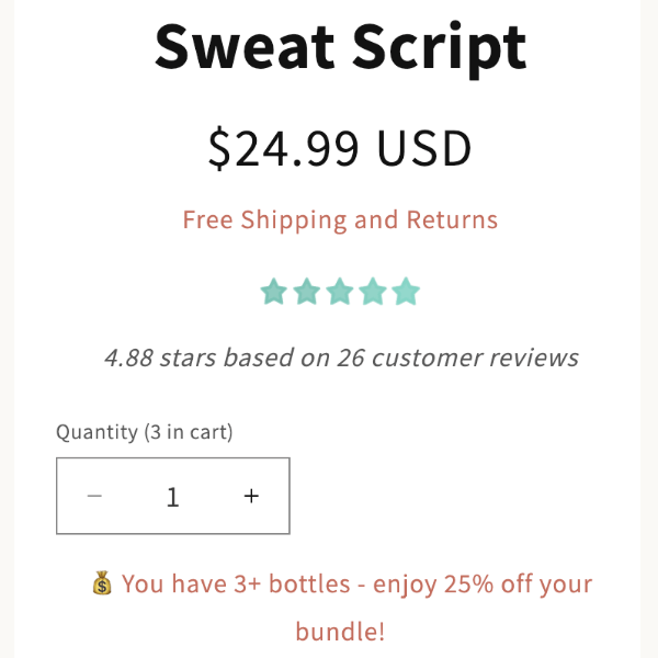 New buy box: $24.99 price, free shipping and returns, 4.88 stars from 26 reviews, quantity stepper, and a 3-bottle bundle discount note