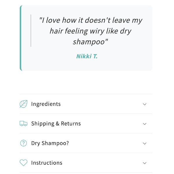 New product page: customer quote card above an accordion with ingredients, shipping and returns, and instructions